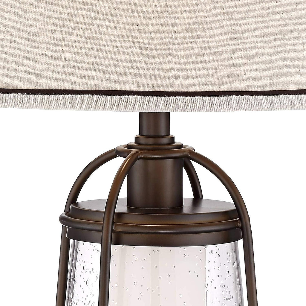 Franklin Iron Works Hugh Industrial Rustic Table Lamp 26' High with LED Nightlight Bronze Metal Seeded Glass Off White Drum Shade for Bedroom Living Room House Home Bedside Nightstand Office Family