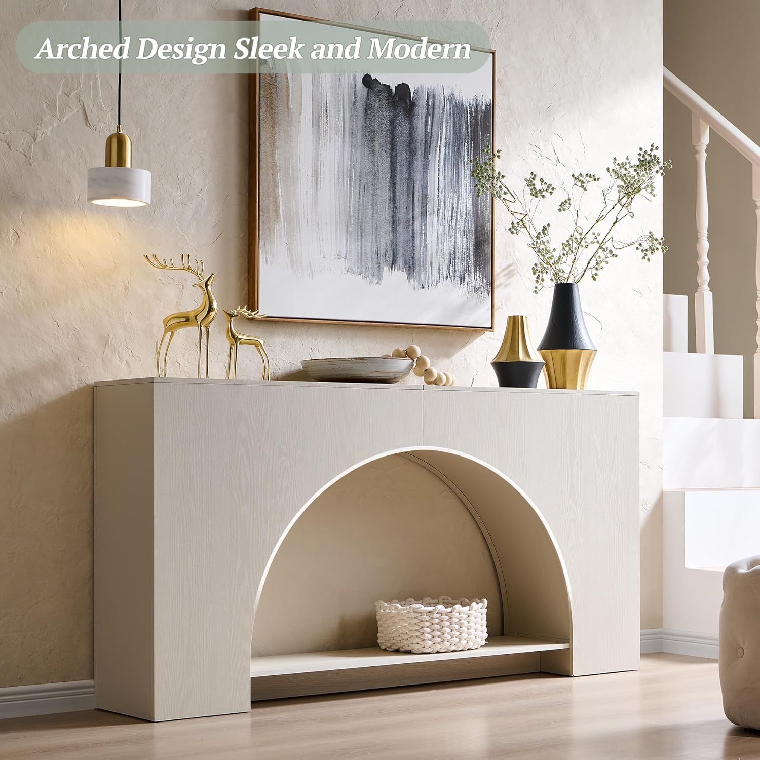 IFGET 63' Arched Console Table, 2-Tier Modern Entryway Table with Arched Base, Narrow Long Wood Sofa Table Behind Couch Table for Living Room, Hallway, Foyer, Cream