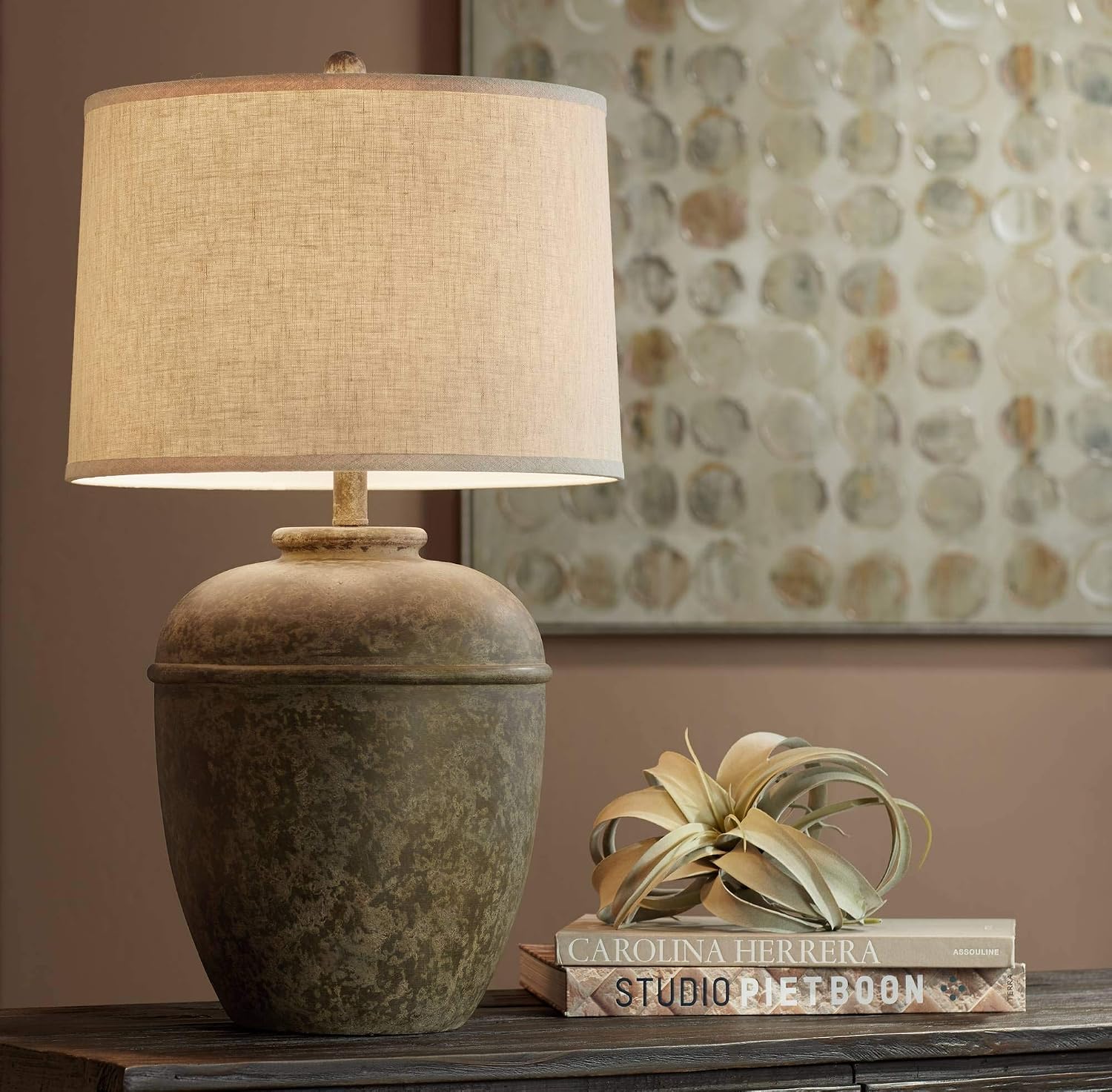 John Timberland Otero Rustic Southwestern Style Table Lamp 27' Tall Gray Faux Mottled Stone Jug Cream Linen Drum Shade Decor for Living Room Bedroom Bedside Nightstand Office Entryway Reading