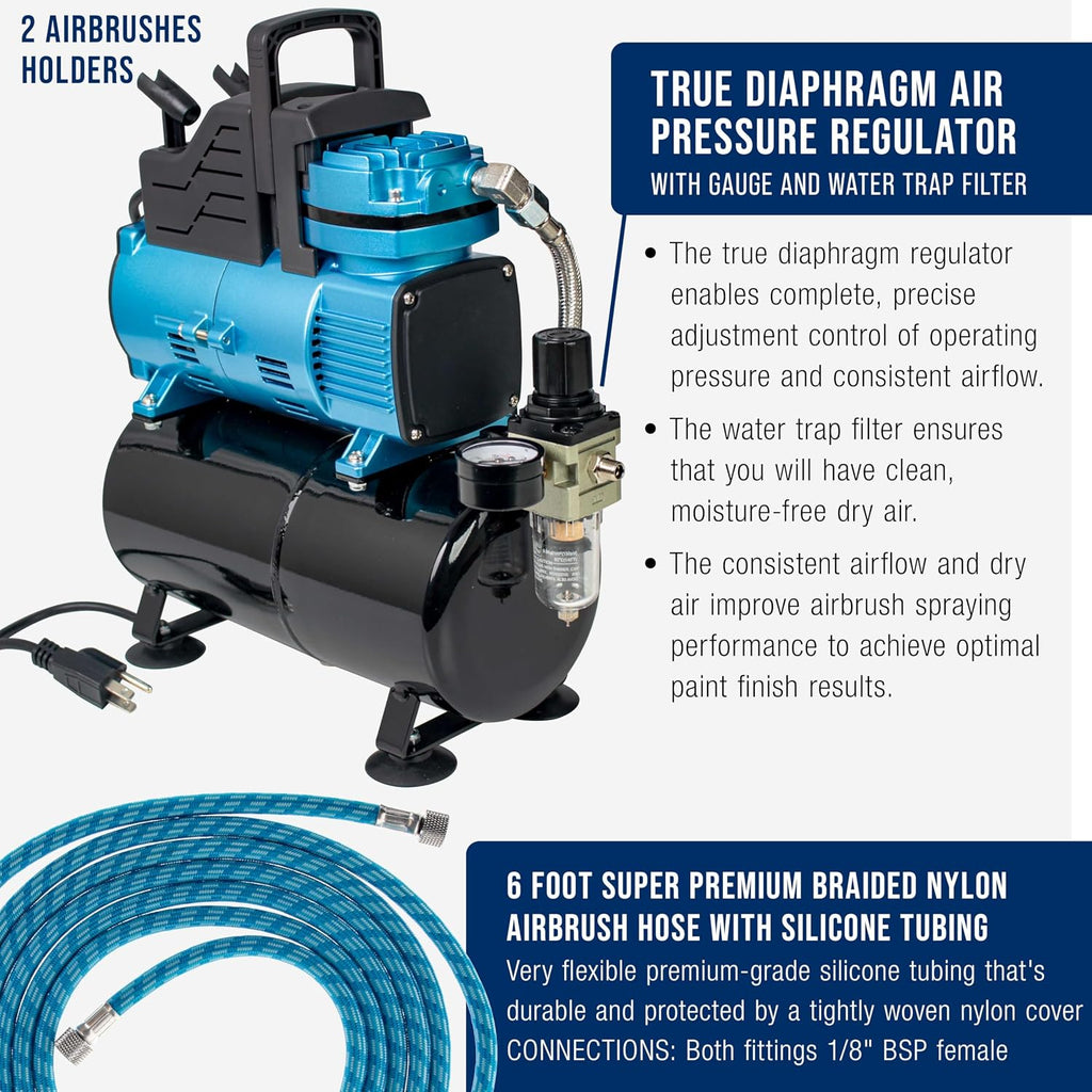 Master Airbrush 1/5 HP Cool-Runner Dual Fan Tank Air Compressor Kit Model TC-426 - Professional Single-Piston with 2 Cooling Fans, Runs Longer without Overheating - Regulator Water Trap, Holder