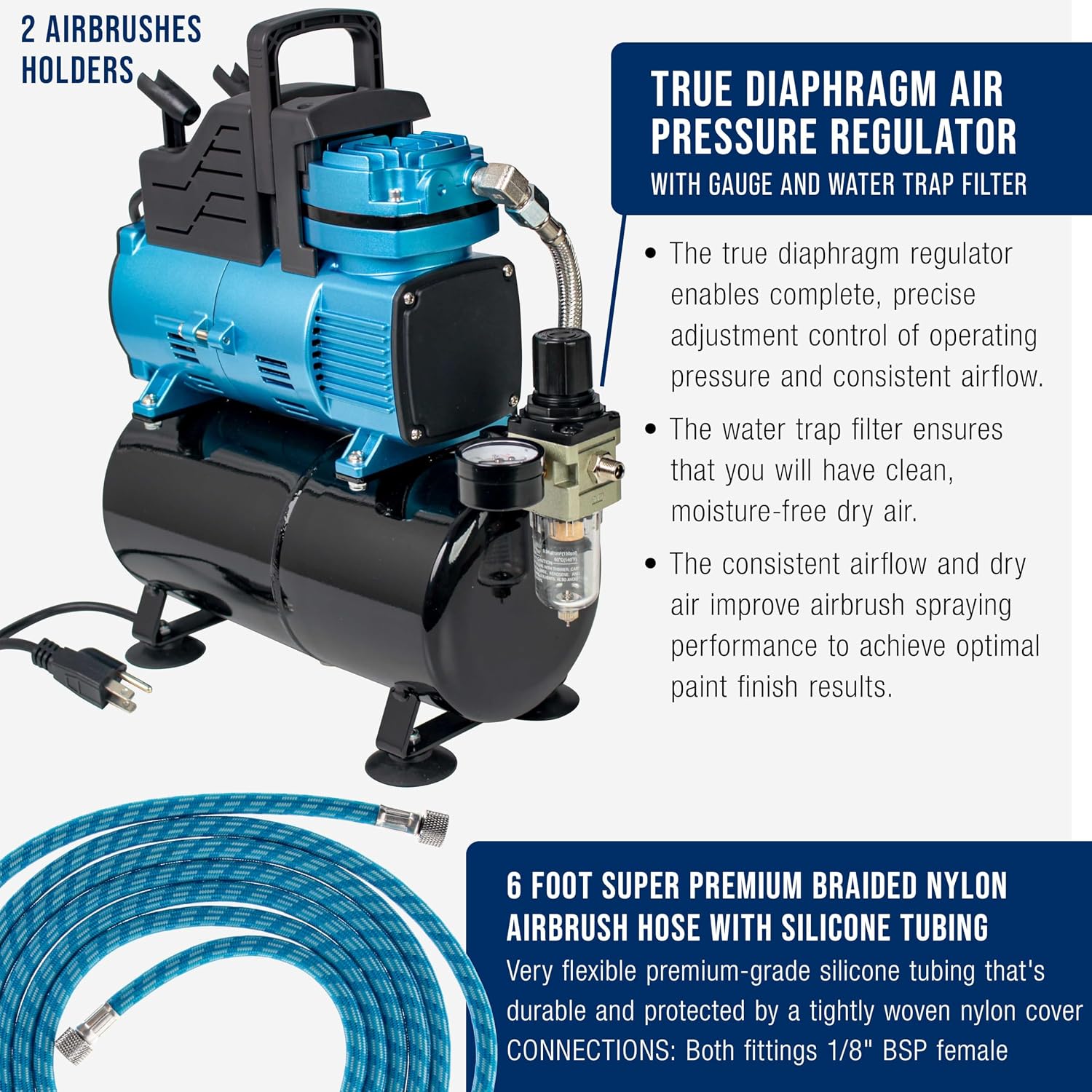 Master Airbrush 1/5 HP Cool-Runner Dual Fan Tank Air Compressor Kit Model TC-426 - Professional Single-Piston with 2 Cooling Fans, Runs Longer without Overheating - Regulator Water Trap, Holder