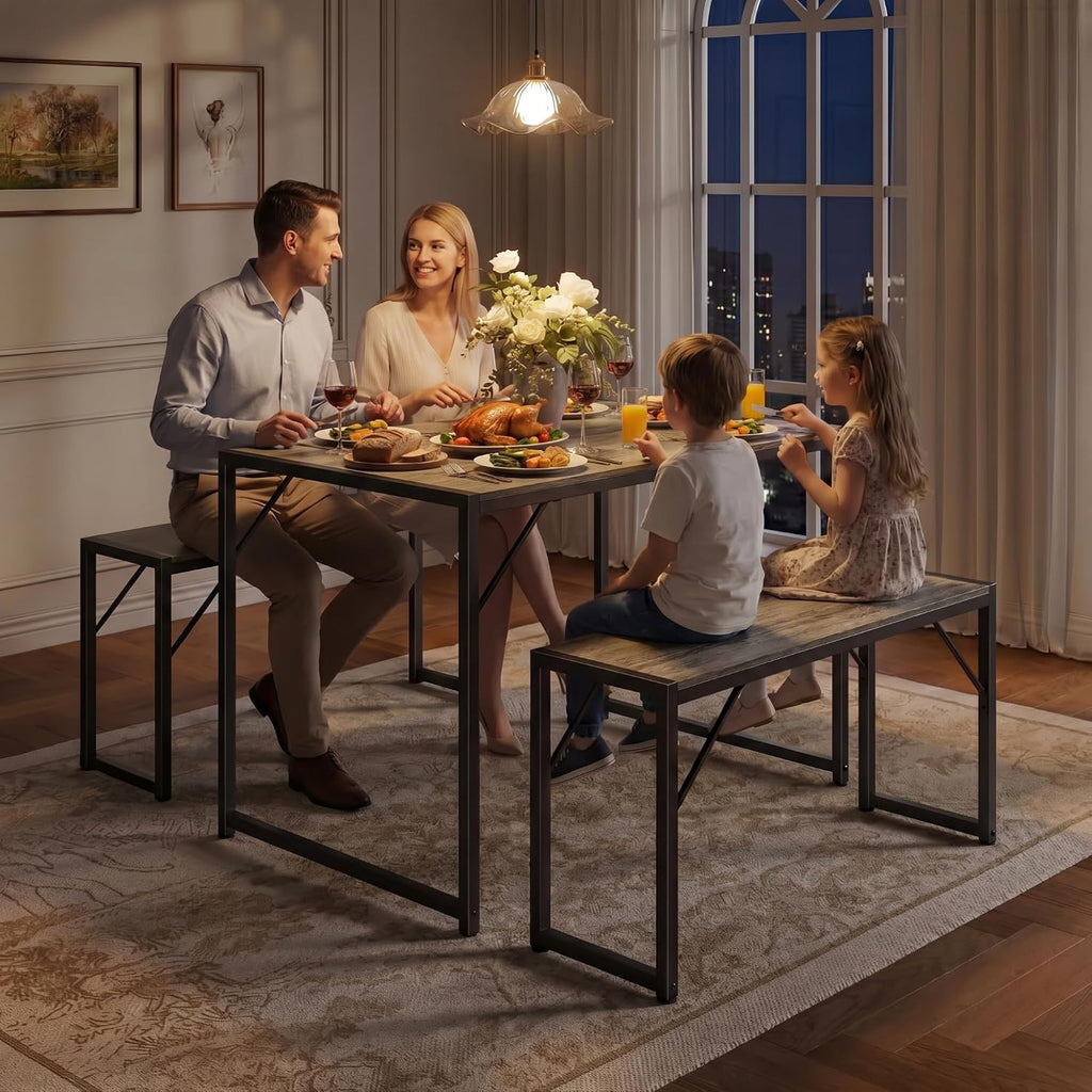 Bealife Dining Table Set for 4 with Metal Frame and MDF Board, Space Saving Kitchen Table with 2 Benches, Kitchen Table Set for Apartment, Dining Room, Breakfast Nook, Grey