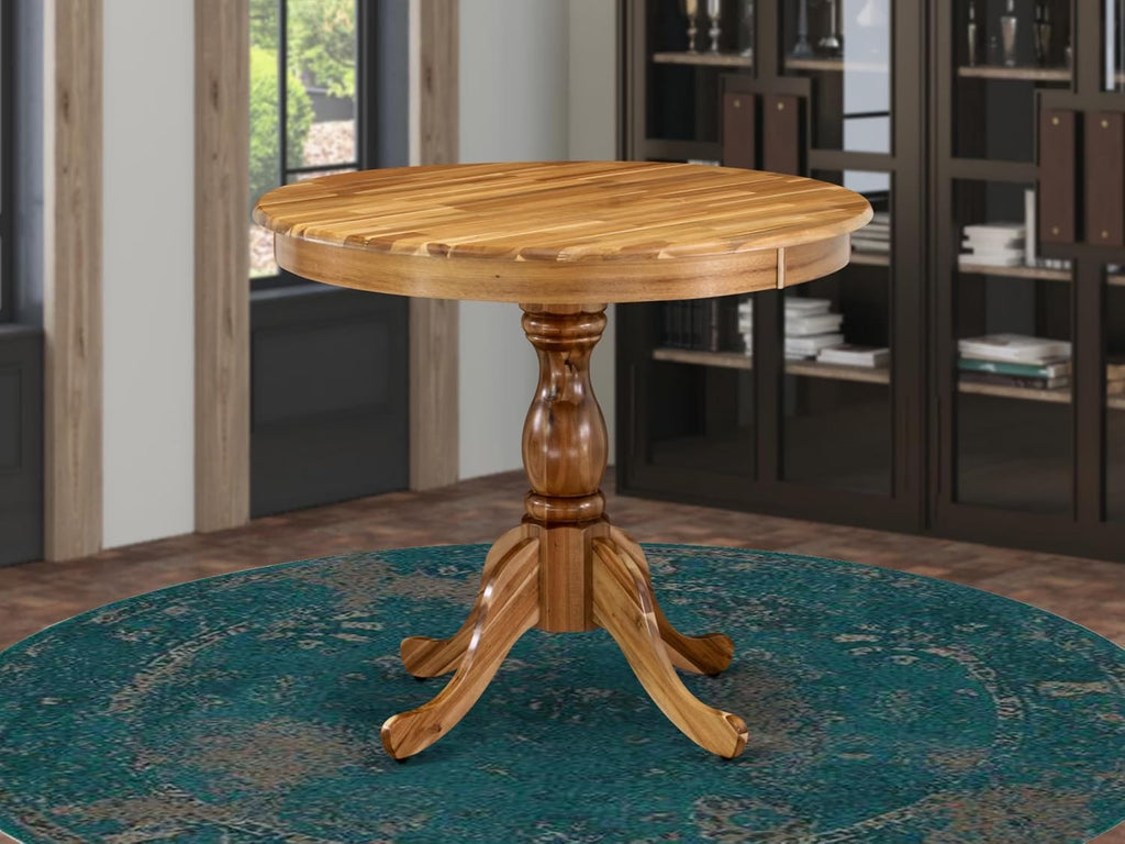 East West Furniture AMT-ANA-TP Antique Dining Room Table - a Round Kitchen Table Top with Pedestal Base, 36x36 Inch, Natural