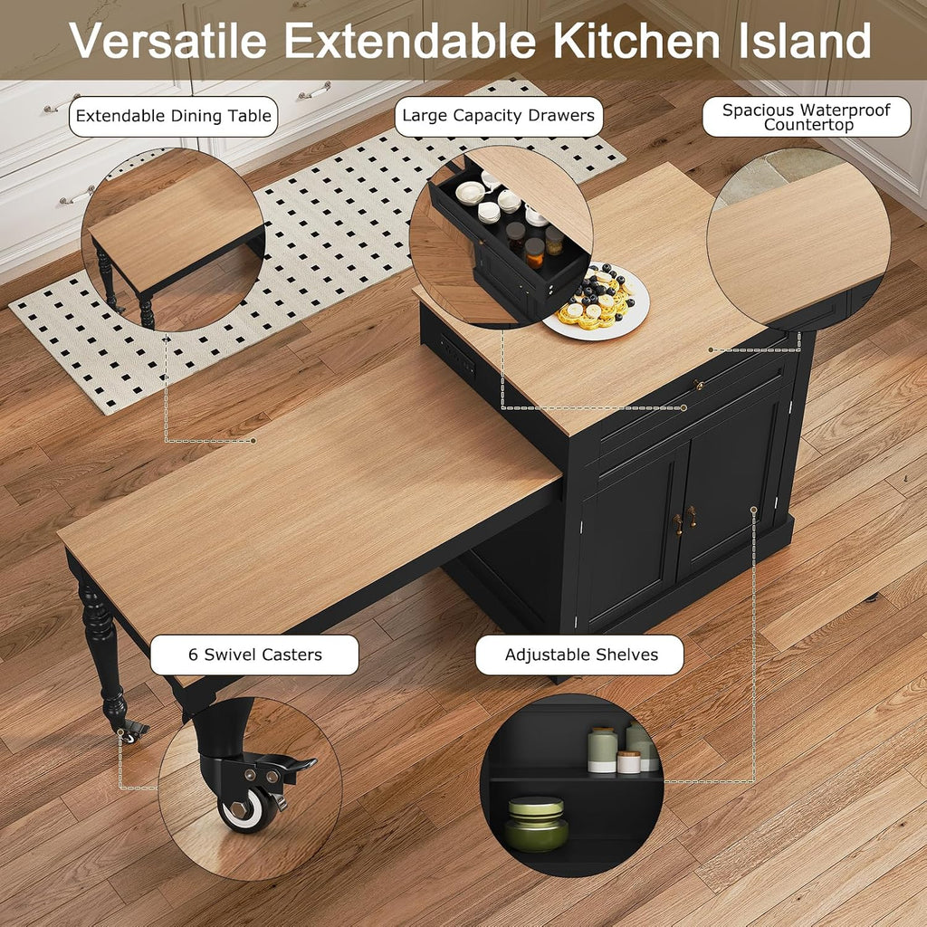 HLR 72' Kitchen Island with Extendable Table for 2-4, Island Table for Kitchen with Power Outlet and Storage Slide Out Legs, Rolling Islands Cart with 2 Doors (Black)