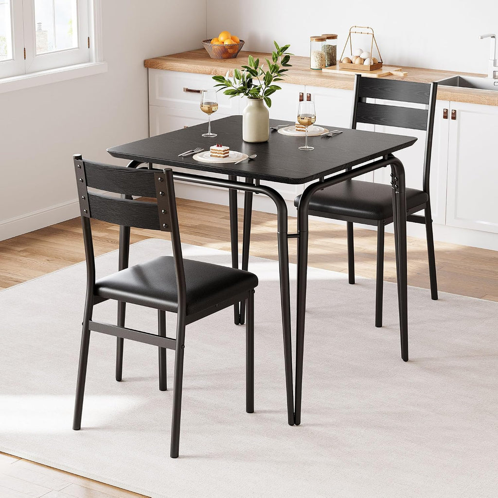 GarveeHome Dining Table for 2, Small Table and Chairs Set of 2, Square Dinette Set for 2, 3 Piece Kitchen & Dining Room Sets for Small Space (Black, Table with 2 Upholstered Chairs)