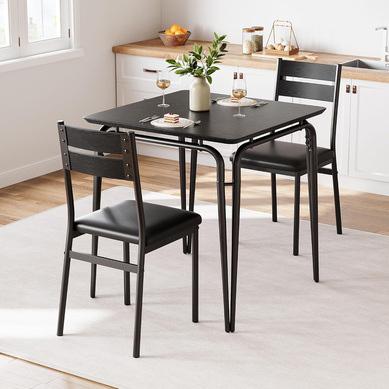 GarveeHome Dining Table for 2, Small Table and Chairs Set of 2, Square Dinette Set for 2, 3 Piece Kitchen & Dining Room Sets for Small Space (Black, Table with 2 Upholstered Chairs)