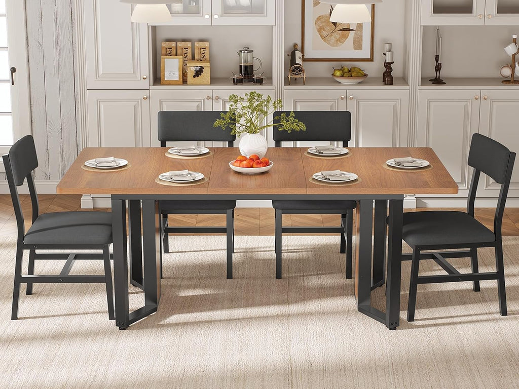 Itaar 5-Piece Dining Table Set for 4-6 People, 63' Extendable Kitchen Table and 4 Cushion Chairs, Dining Room Table with MDF Board & Metal Frame for Small Space, Easy Clean, Brown