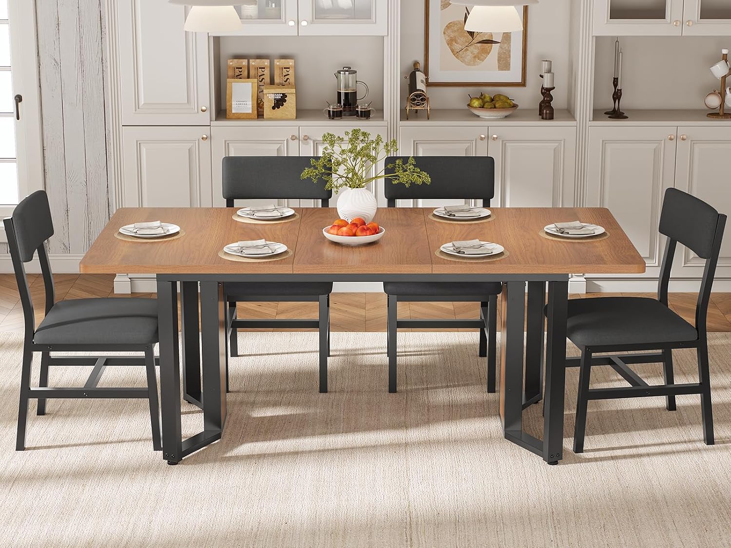 Itaar 5-Piece Dining Table Set for 4-6 People, 63' Extendable Kitchen Table and 4 Cushion Chairs, Dining Room Table with MDF Board & Metal Frame for Small Space, Easy Clean, Brown