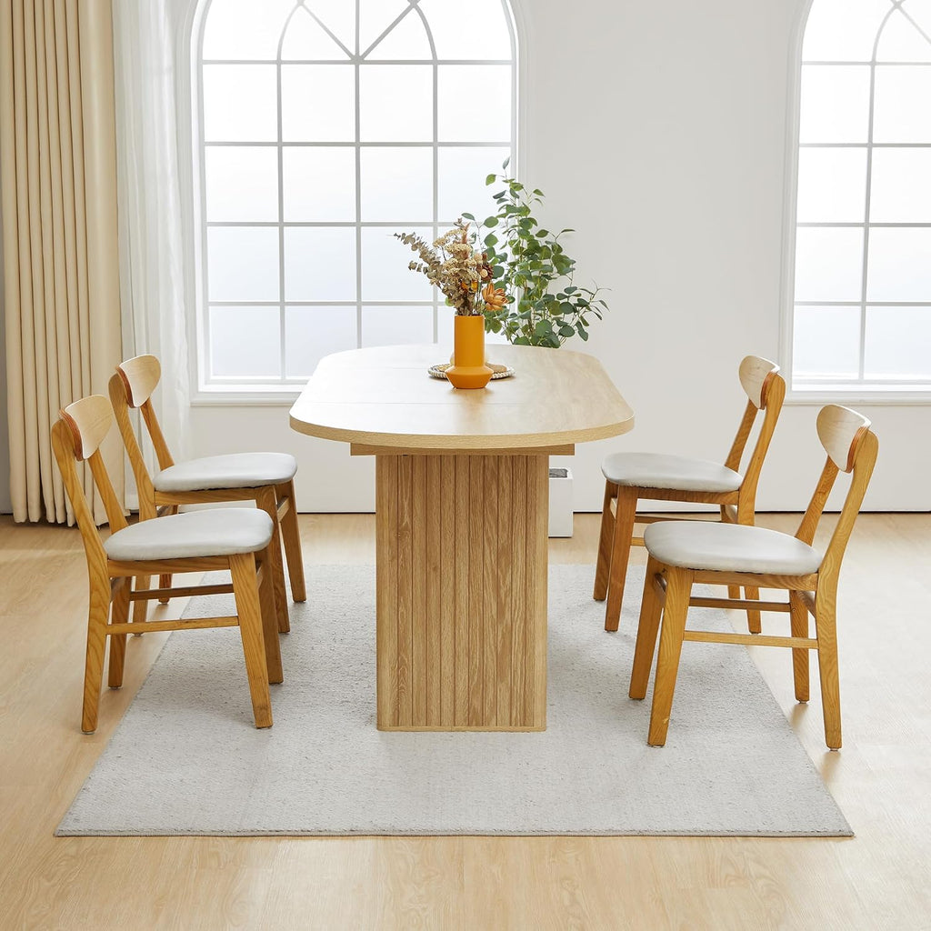 70.8 Inch Kitchen Dining Table for 4-6 People, Oval Kitchen Table with Wood Strip Base, Modern Farmhouse Large Round Dining Room Tables for Living Room (Natural)