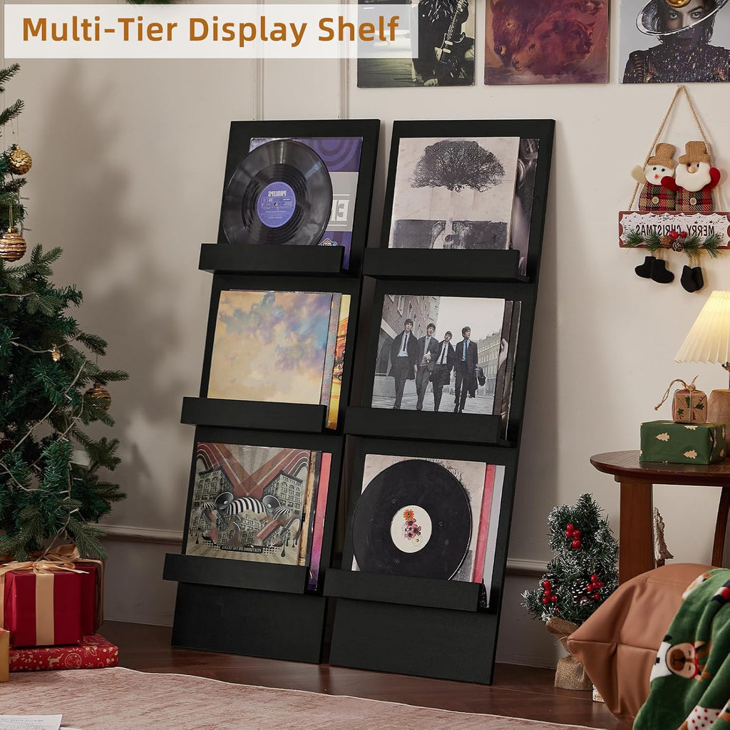 LELELINKY Wall Mount Vinyl Record Holder Set of 2 with 3 Tier Display Area, 47.5'' Tall Record Storage Magazine Holder, Book Shelf Holder Holds Up to 15 Vinyls Albums/CD for, Living Room, Music Room