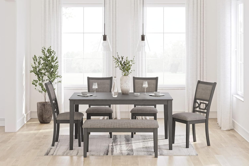 Signature Design by Ashley Wrenning Diamond Patterned Dining Table Set, 4 Upholstered Chairs and Bench, Seats 6, Wood, Gray