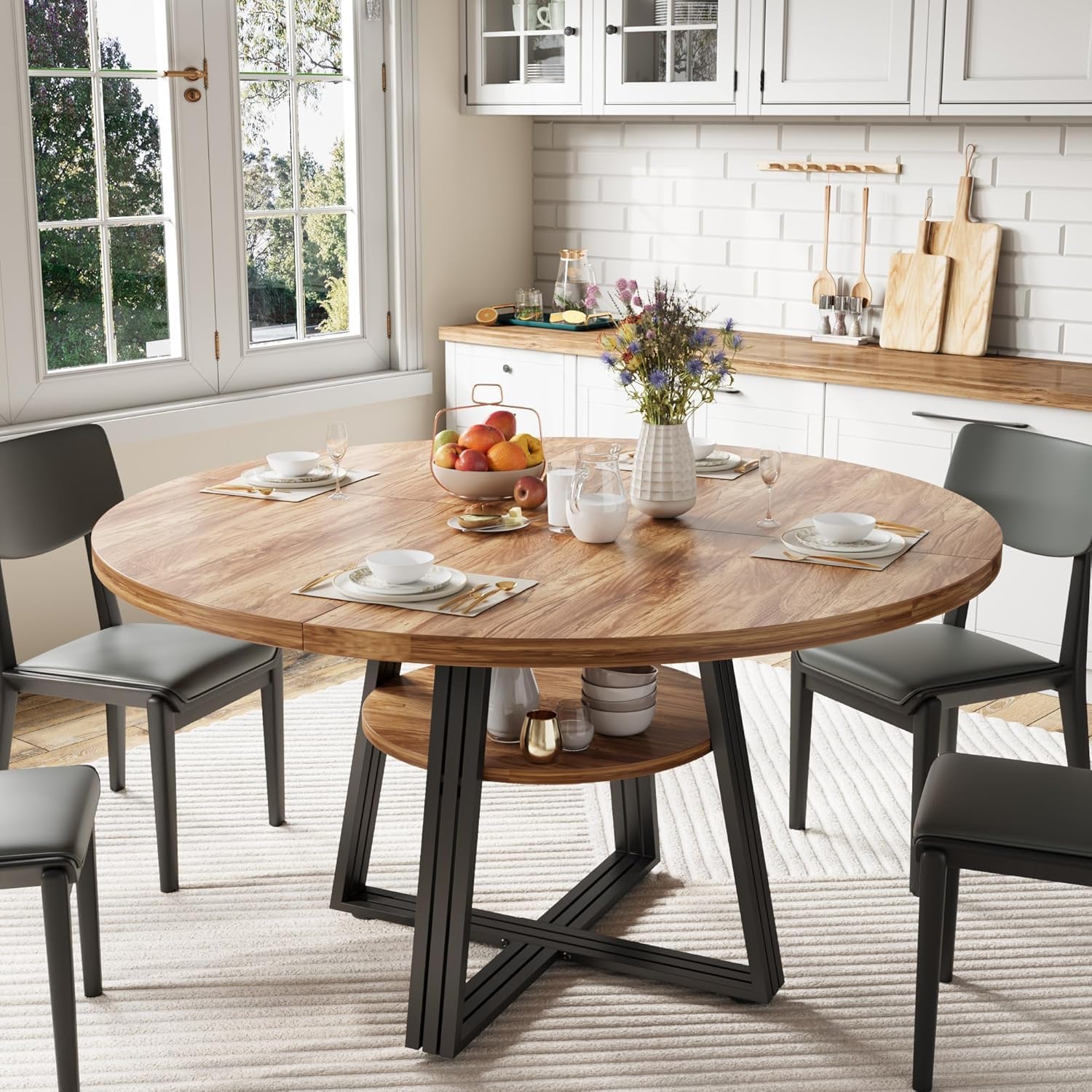 GarveeHome Round Dining Table for 4-6, 47.2 in Farmhouse Kitchen Table with Storage, Circle Dinner Tables for Kitchen, Dining Room, Living Room, Meeting Room, Apartment, Retro (Only Table)