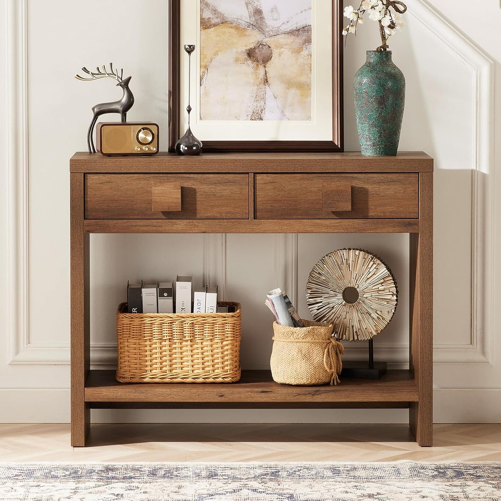 ONBRILL Console Table with Drawers, 40 Inch Narrow Entryway Table with Open Storage Shelves, Mid Century Modern Hallway Accent Tables Behind Couch Table for Living Room (Vintage Brown)