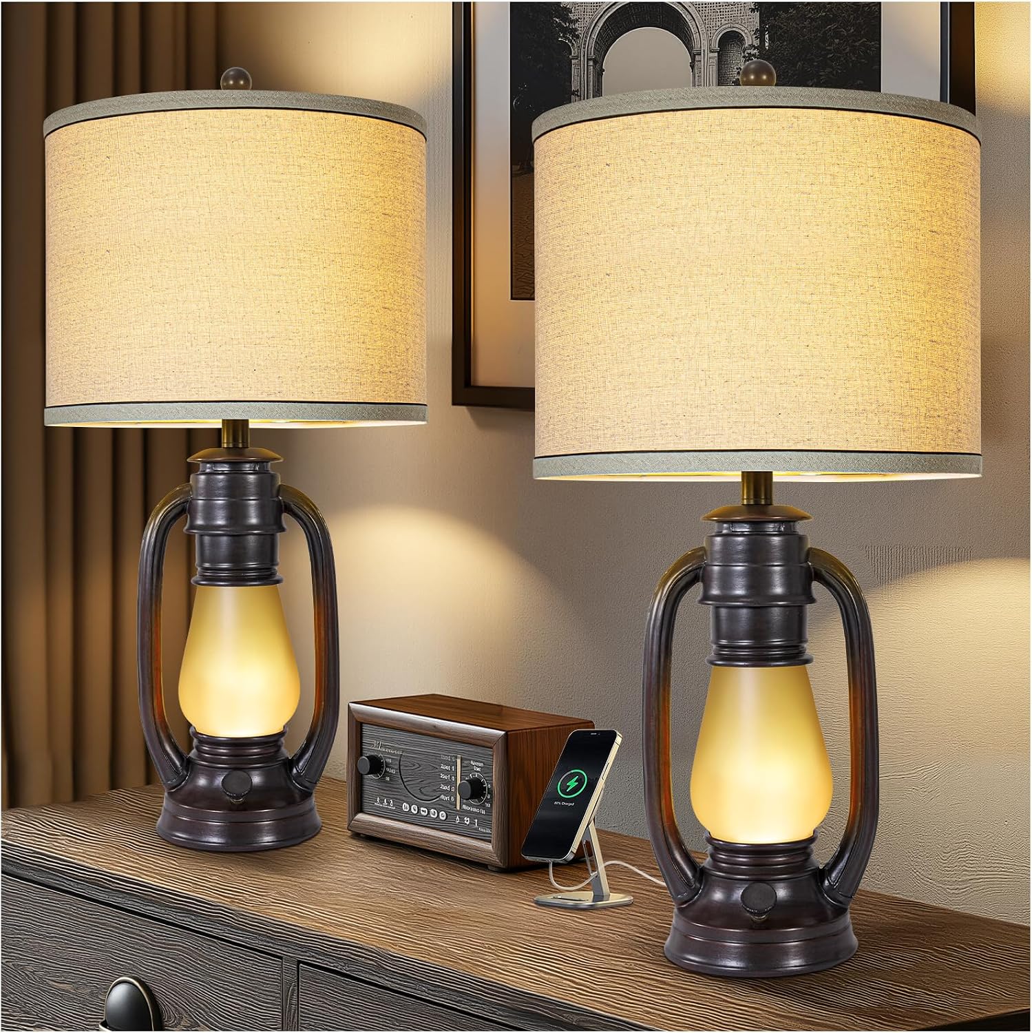 26'' Vintage Lantern Table Lamps Set of 2, Retro Bedside Nightstand Lamp with Nightlight and Linen Shade, Rustic Desk Lamp with USB A+C Ports, Farmhouse Table Lamps for Living Room Bedroom Study room