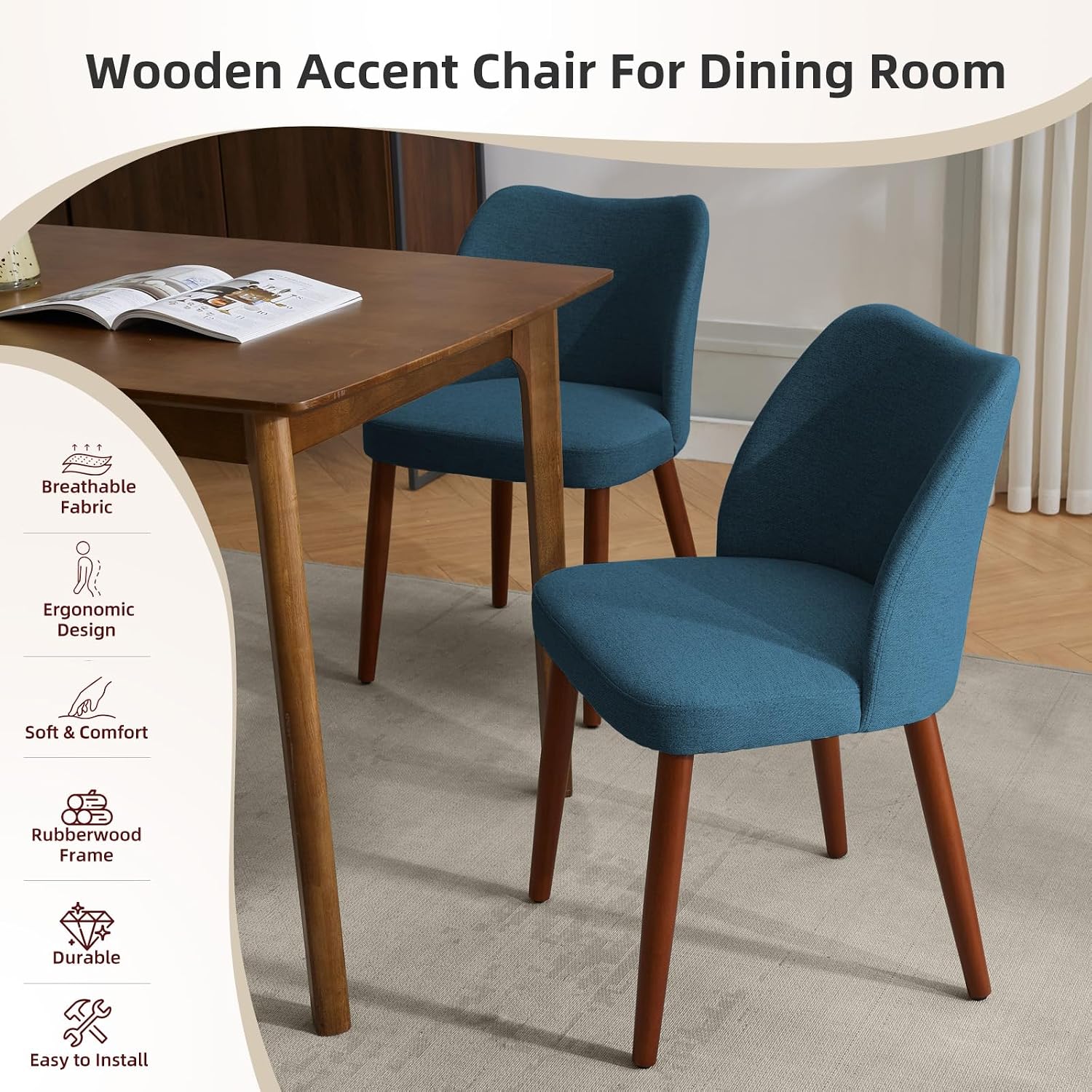 GarveeHome Linen Dining Chairs Set of 2 Upholstered Fabric Dining Chair with Wood Legs, Wing Backrest, Wooden Kitchen Chairs with Thick Cushions, Leveling Feet for Dining Room, Living Room, Blue
