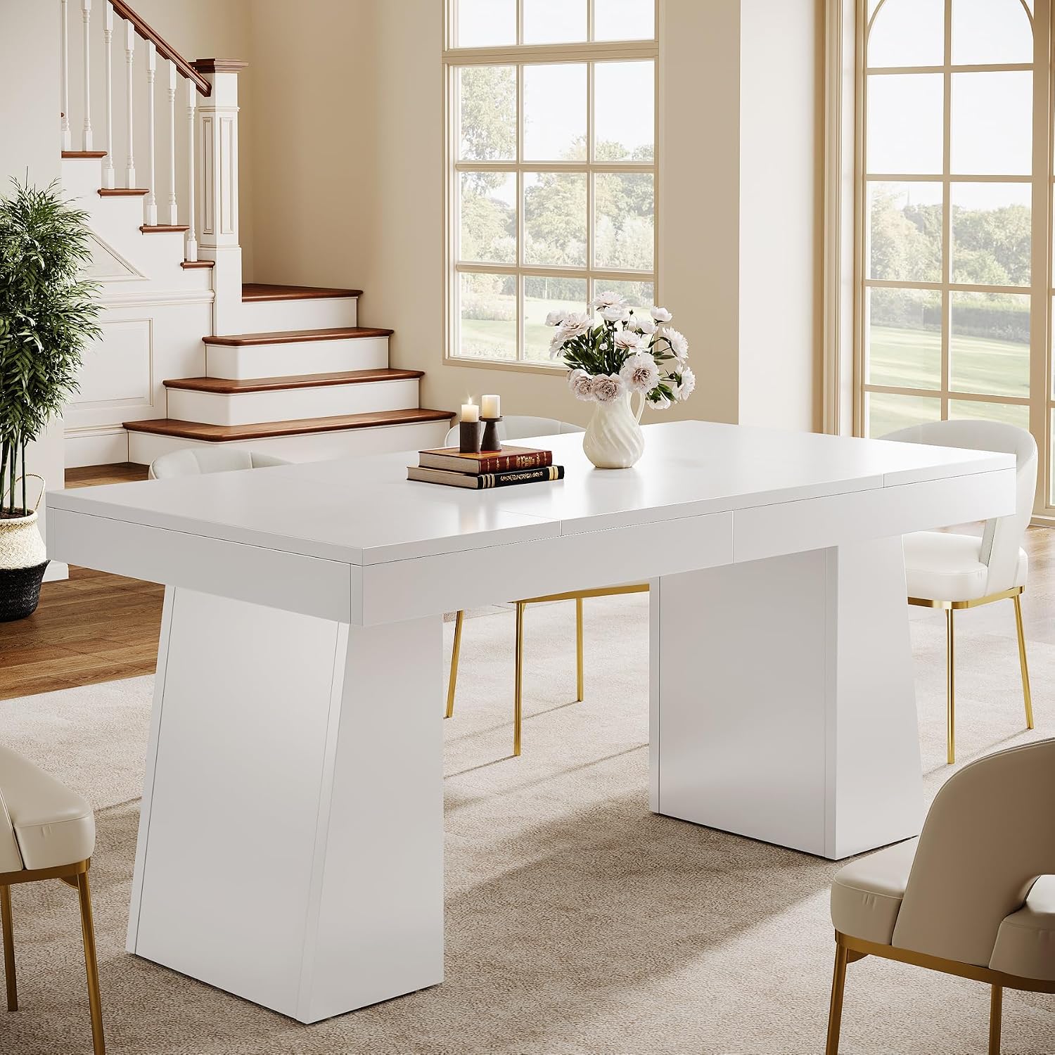 Tribesigns 55-Inch Dining Room Table for 4, Mid-Century Modern Dining Table with Double Pedstral, Rectangular Wood Kitchen Dinner Tables for Dining Room, Kitchen, Home, White (Only Table)