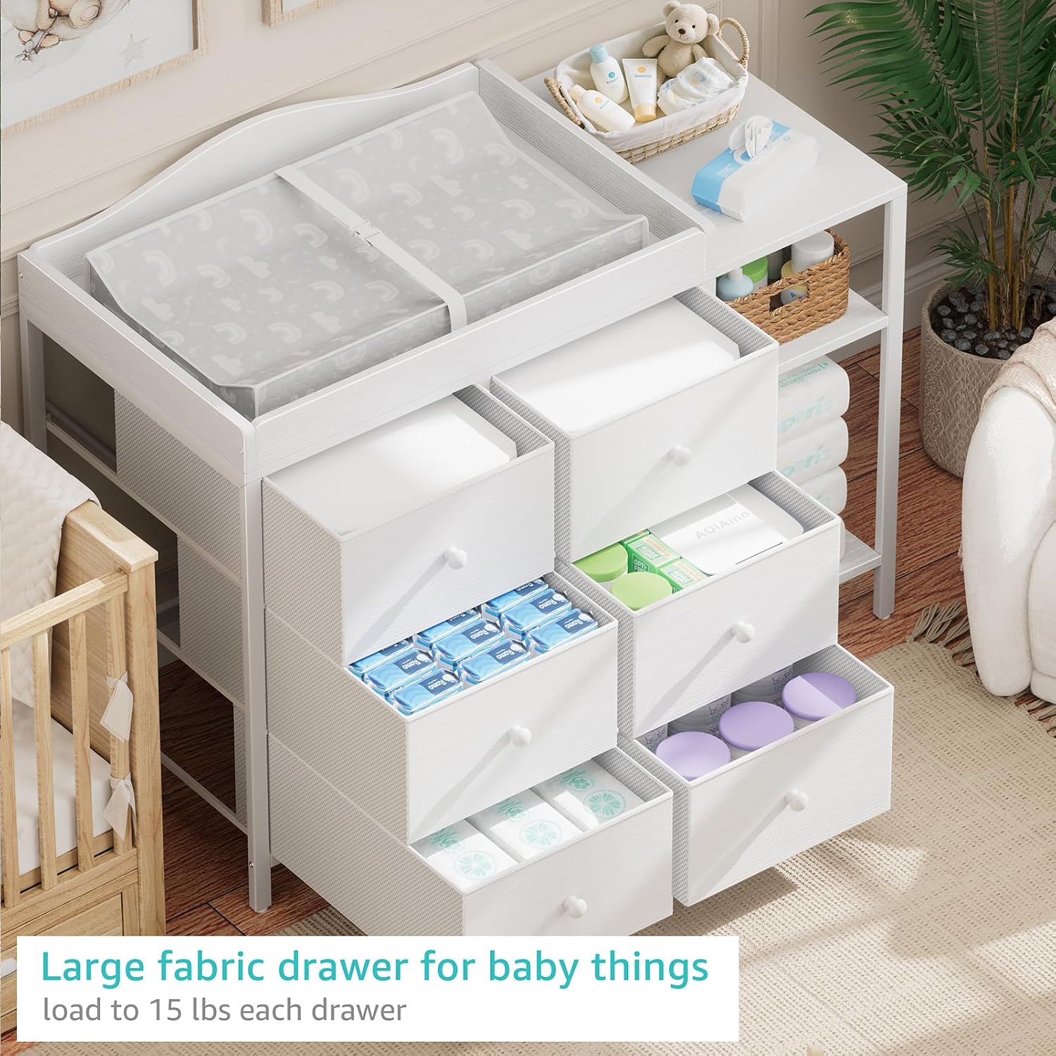 BOLUO Baby Dresser with Changing Table Top, White Changing Table Dresser with 6 Fabric Drawers Diaper Changing Station with Storage Shelf for Nursery Modern