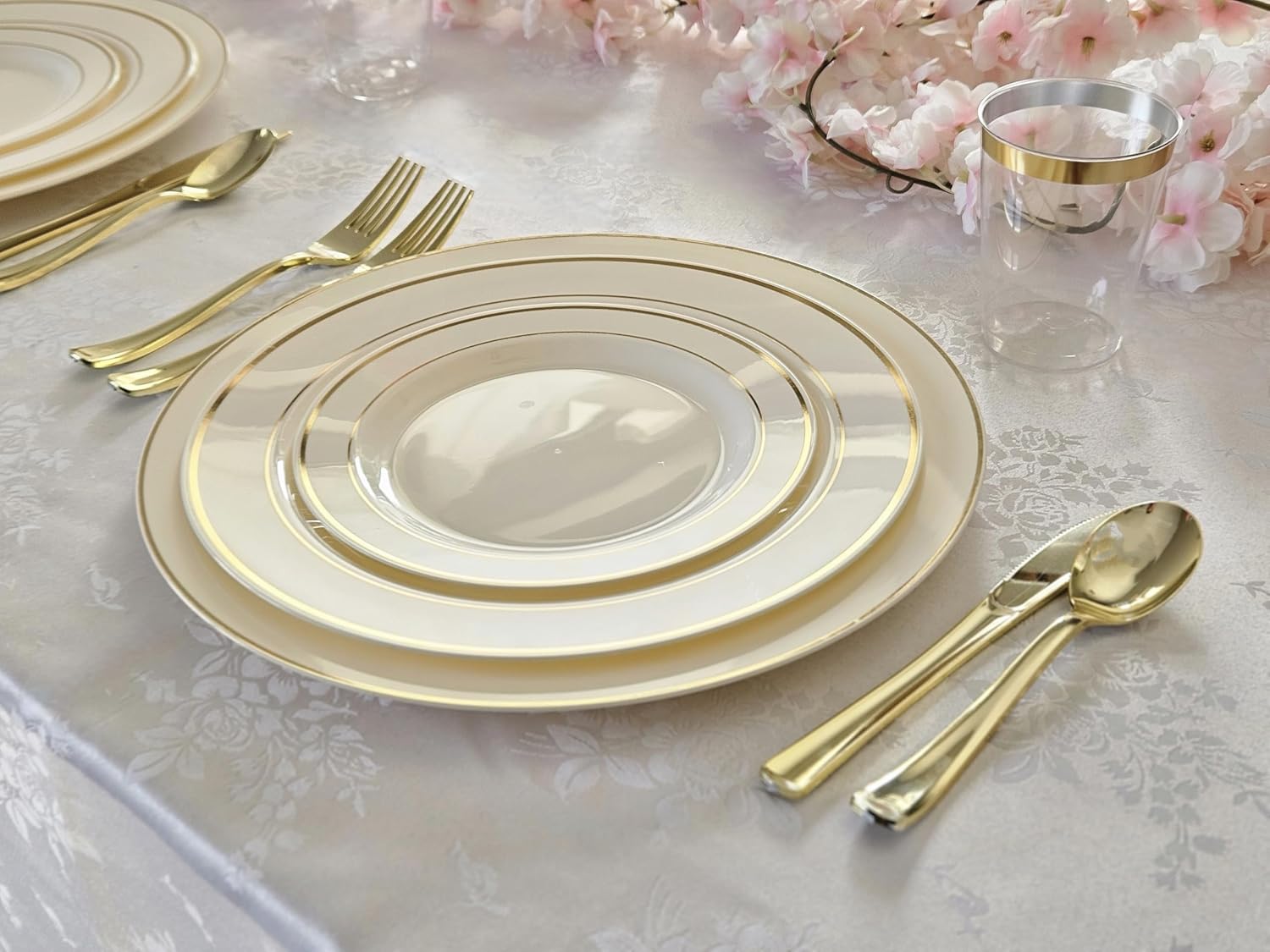 ' OCCASIONS ' 1080 pcs/120 Guest-Full Tableware Set - Wedding Disposable Plastic Plates Silverware, Clear Tumblers & Linen Feel Napkins w/Metal Napkin Rings (Combo D, Ivory & Gold Rim)