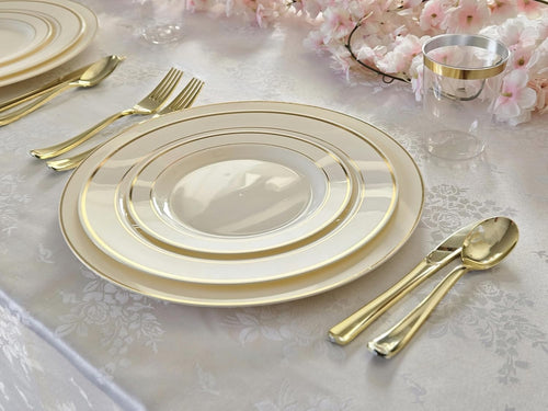 ' OCCASIONS ' 1080 pcs/120 Guest-Full Tableware Set - Wedding Disposable Plastic Plates Silverware, Clear Tumblers & Linen Feel Napkins w/Metal Napkin Rings (Combo D, Ivory & Gold Rim)