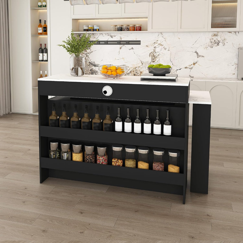 KEIKI Kitchen Island with Extendable & Rotating Table, Expandable Dining Station for 2-4, Kitchen Storage Islands with 4 Drawers & Glass Door Cabinets & Built-in Socket for Dining Room, Black