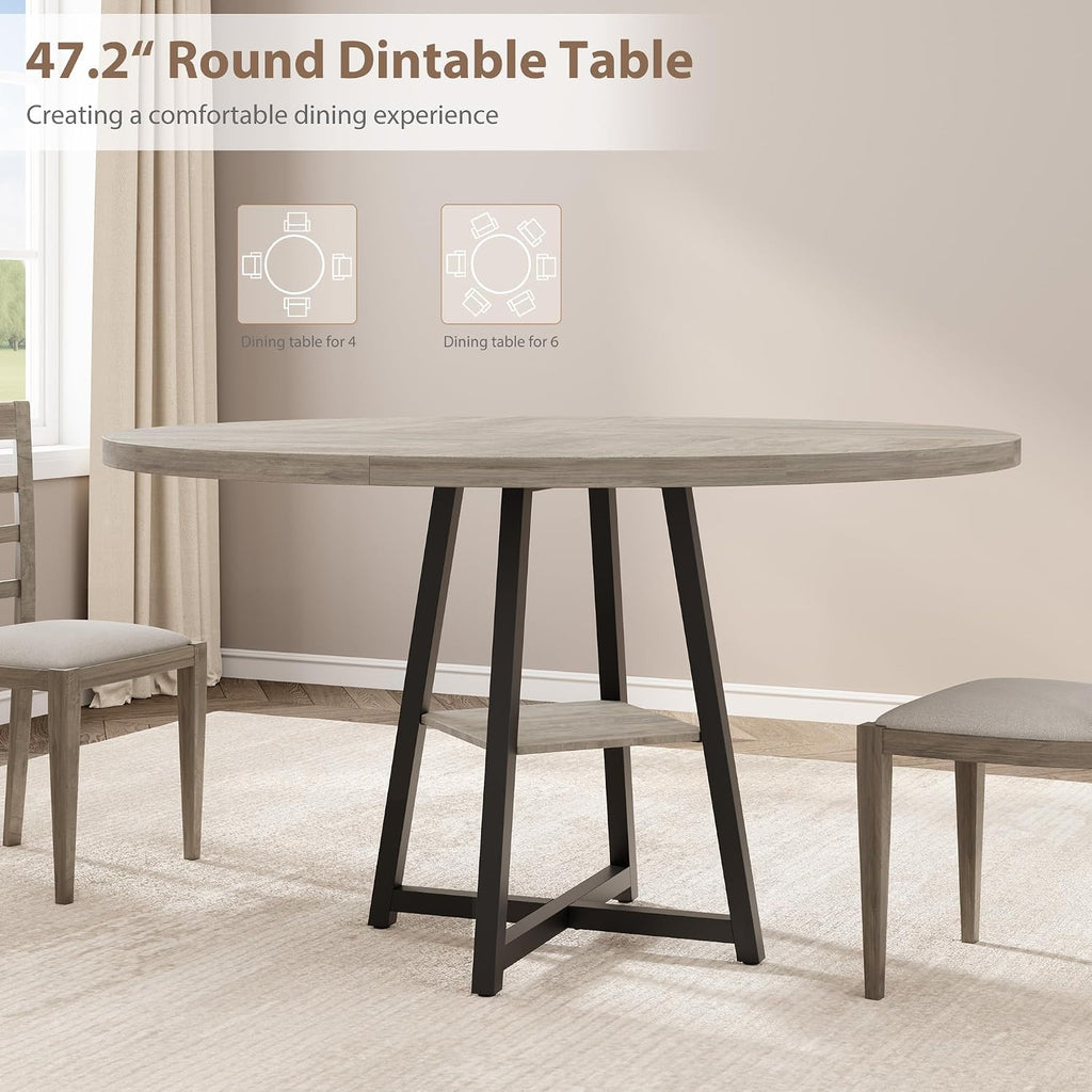 Garvee 47.2 in Round Dining Table for 4-6 People, Industrial Round Kitchen Table with Sturdy Metal Pedestal Base & Storage Shelf, Circle 4 Dinner Table for Dinner, Kitchen, Dining Room