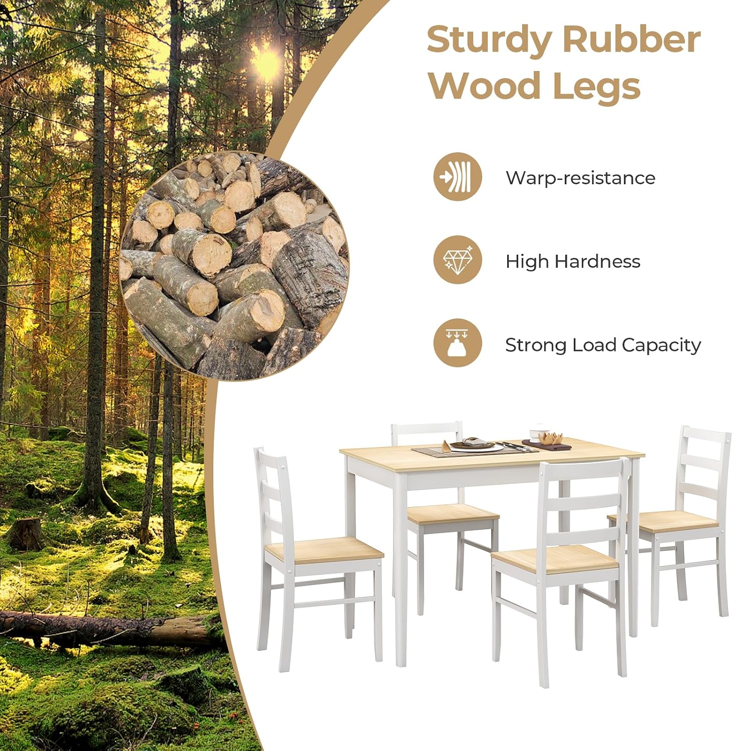 Tangkula Dining Table Set for 4, Solid Wood, Farmhouse Dinette Set w/Rubber Wood Legs, Compact Dining Table and Chairs Set for Kitchen, Dining Room (Natural+White)