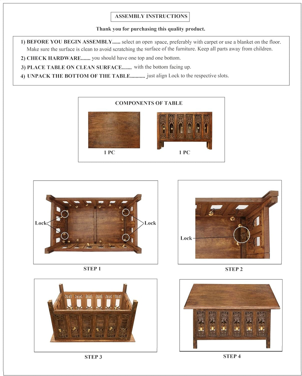 COTTON CRAFT Solid Wood Coffee Table – Ghanti Bells Hand Carved Center Table with Foldable Legs – Decorative Table - Living Room Small Spaces Bedroom - No Tools Assembly -30.5x21.5x18- Antique Brown