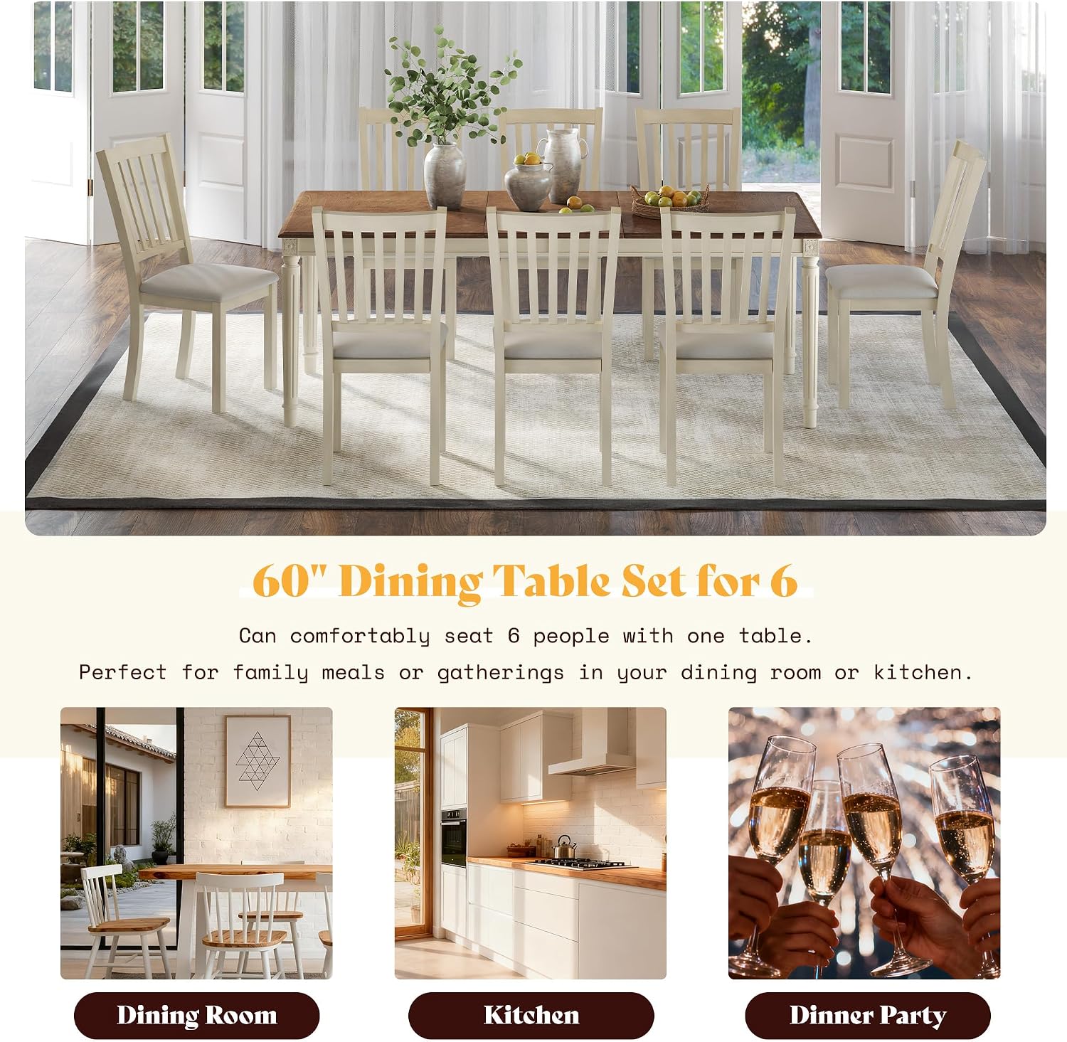 AMERLIFE 9-Piece Farmhouse Solid Wood Dining Table Set with 8 Upholstered Chairs, Roman Conical Legs, Seats up to 8, 79'' Dining Table & Chairs Set for Kitchen and Dining Room, Rustic Cream