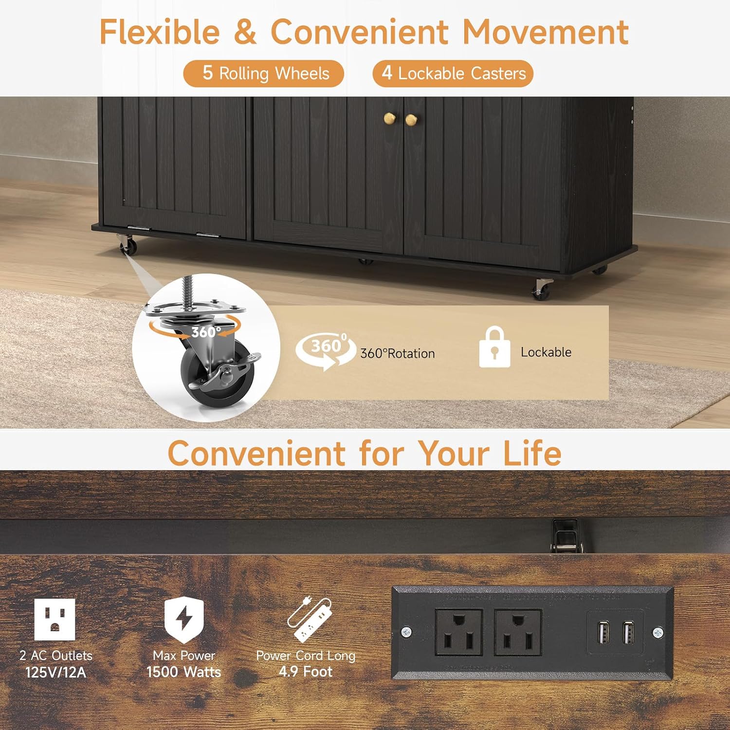60' Kitchen Island with Power Outlet & Drop Leaf, Kitchen Rolling Island with Spice Rack & Towel Rack, Knife Holder, Kitchen Island Cart with Trash Storage Cabinet, Mobile Island Table for Kitchen