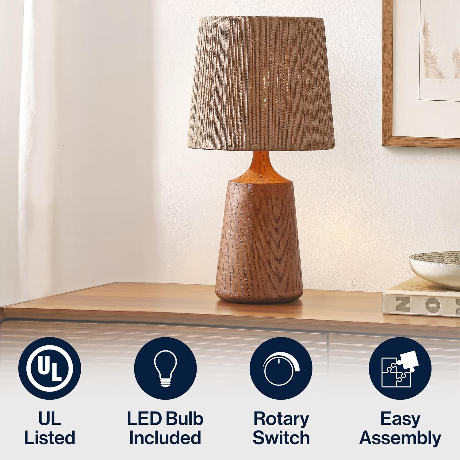 JONATHAN Y 22.25' Brown Wood Finish Classic Cottage Table Lamp for Bedroom, Tapered Resin Body with Brown Paper Rope Shade, LED Bulb Included JYL9201A
