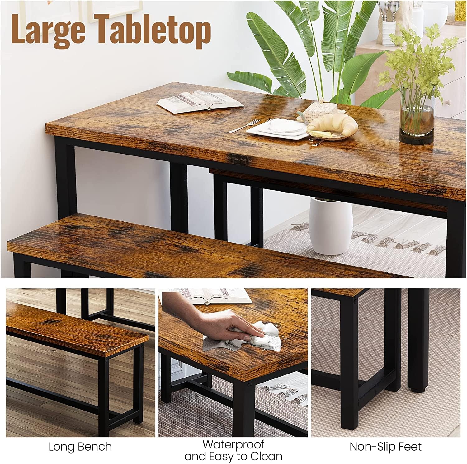 Dining Room Table Set with 2 Benches, Farmhouse Dining Table Set for 4-6, Wood Breakfast Table Set Dinner Table Set Kitchen Table and Chairs for Breakfast Nook Small Spaces, Brown