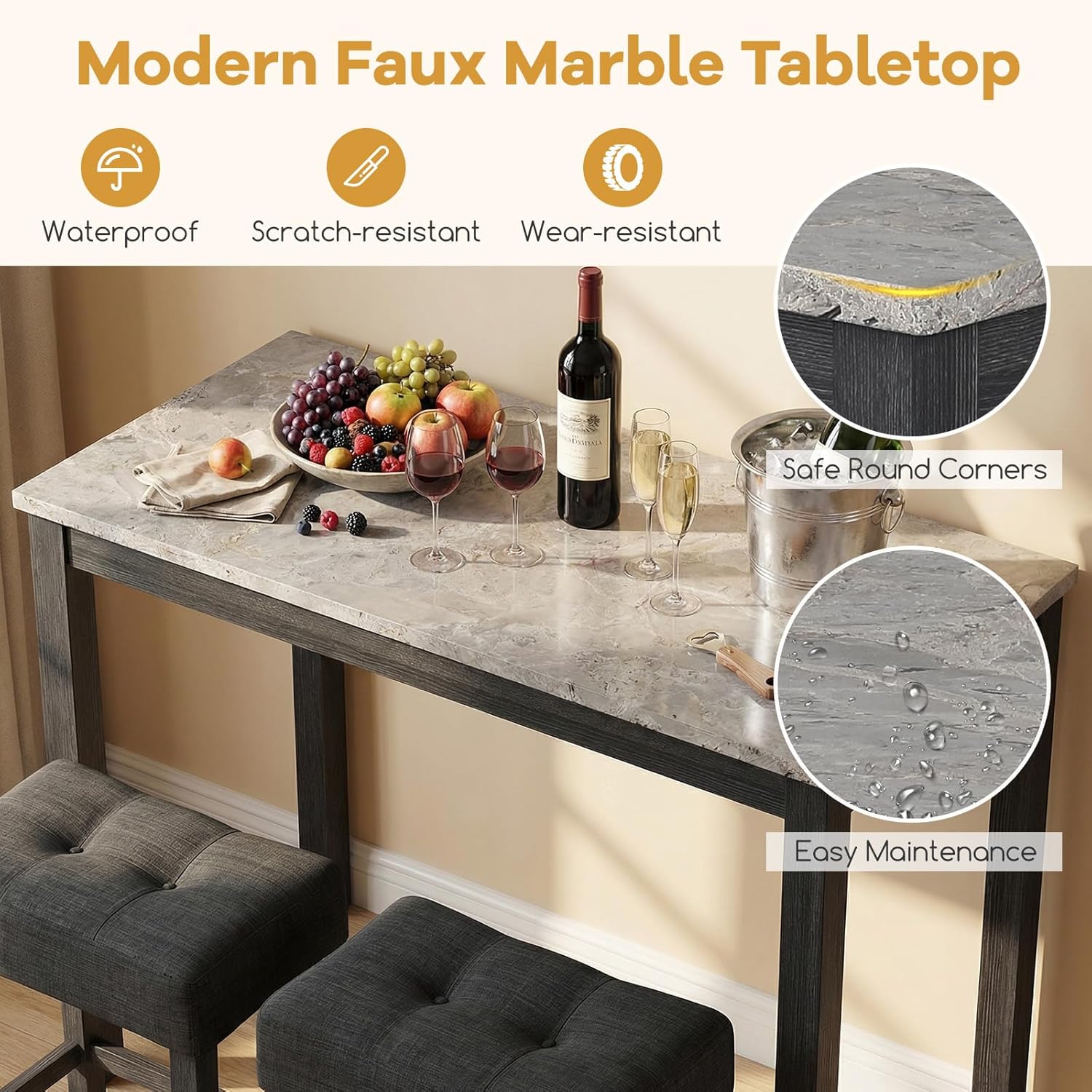 COSTWAY 3-Piece Bar Table Set with Charging Station, Modern Counter Height Breakfast Table w/Faux Marble Top & 2 Padded Stools, Wooden Console Table Set for Living Room, Kitchen, Dining Room (Gray)