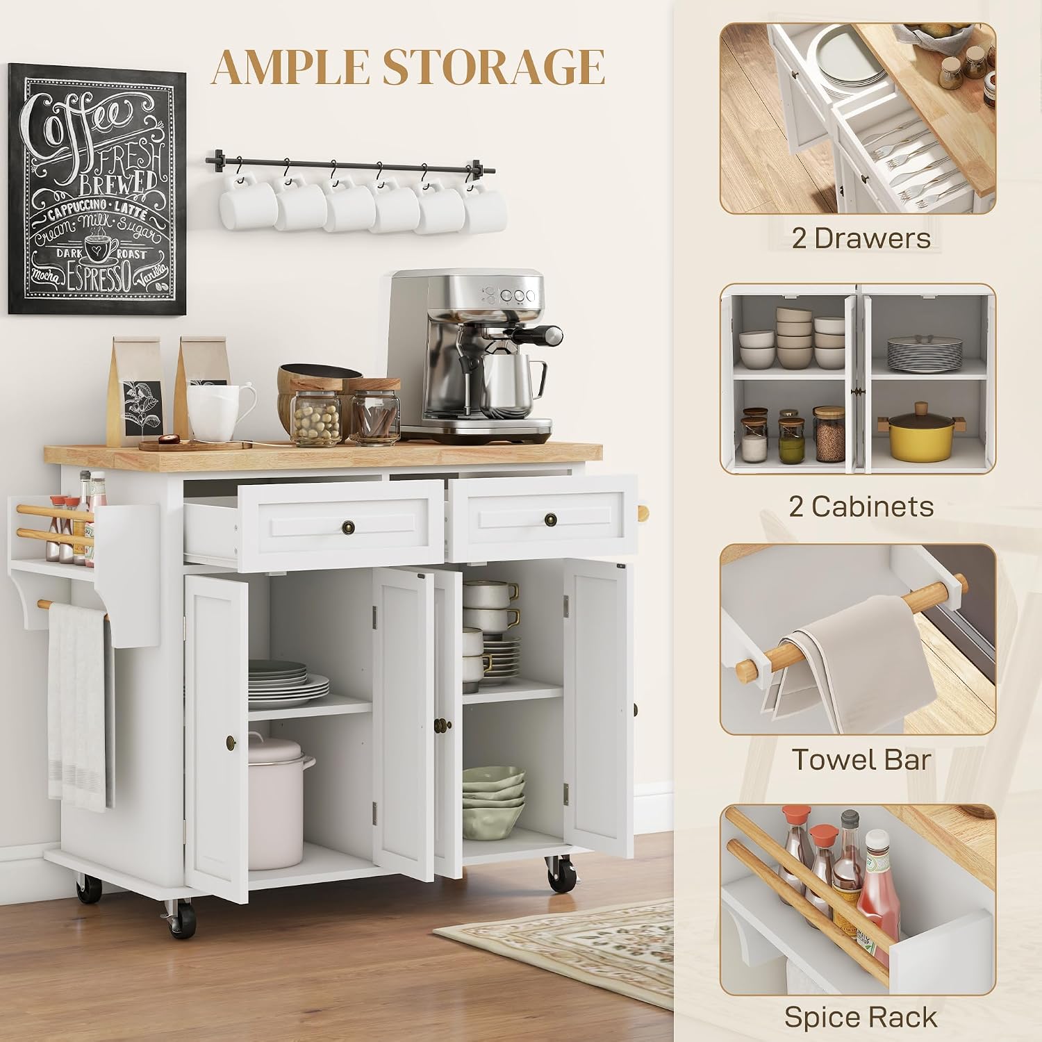 HOMCOM Kitchen Island Cart with Solid Wood Top, 44' Mobile Kitchen Island Table on Wheels with Storage Cabinets, 2 Drawers, Adjustable Shelves, Spice Rack & Towel Bar for Dining Room, Cream White