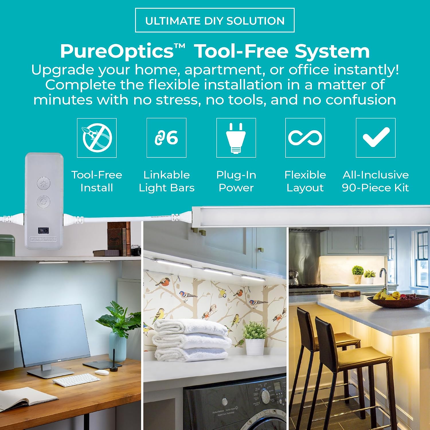 PureOptics LED Works with Alexa Smart Under Cabinet Lighting Kit, Adjustable LEDs, (6) 9' Bars, White