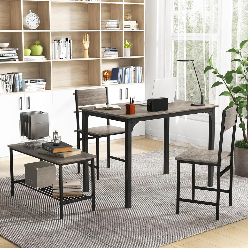 Giantex Dining Table Set for 4, Kitchen Table with Bench and Chairs, Industrial Gathering Bench Dining Set W/Metal Frame & Storage Rack, Dinette Set, Modern Functional Desk Set (Grey)