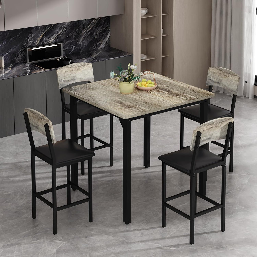AWQM 5-Piece Dining Table Set, Dining Table Set for 4, Counter Height Table & 4 Bar Stools, Modern Kitchen Dining Set, with Upholstered Chairs, Compact Dining Set for Small Spaces, Gray