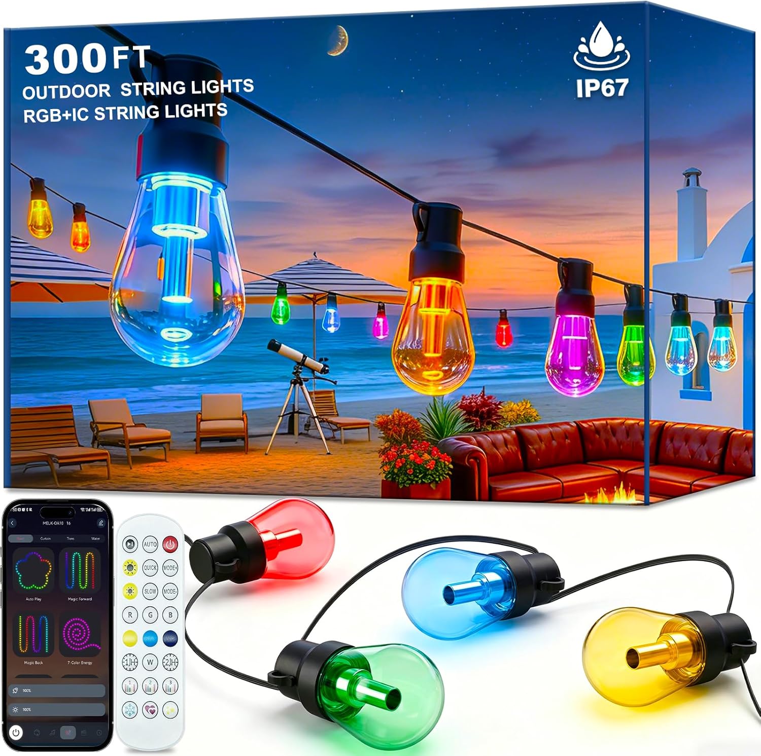 300FT RGB+IC Outdoor String Lights, Dimmable Shatterproof LED Bulbs, IP67 Waterproof DreamColor Chasing Lights, Multicolor Dynamic Lighting for Patio Balcony Garden & Outdoor Living Area Decoration