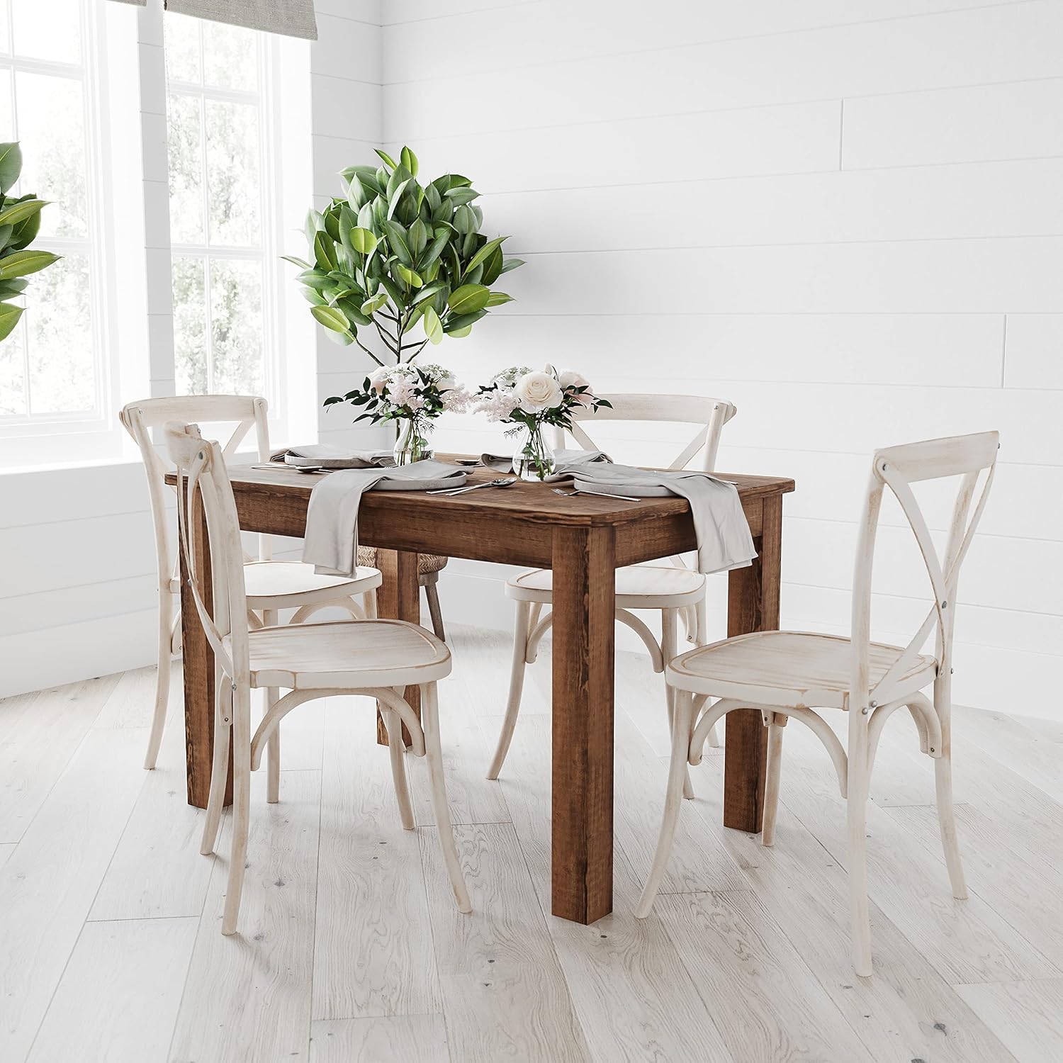 Merrick Lane Jessamine 46' x 30' Rectangular Rustic Solid Pine Farm Dining Table, Antique Farmhouse Wooden Dining Table for Kitchens and Parties, Antique Rustic