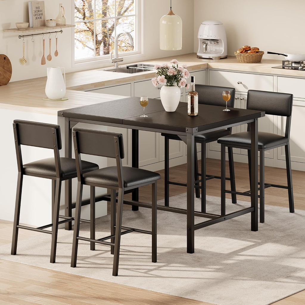 GarveeHome Dining Table Set for 4 w/Corner Protecto, Dining Room Table Set with Footrest & Backrest, Counter Height Table with 4 Upholstered Bar Stools, for Apartment, Pub, Rustic Black