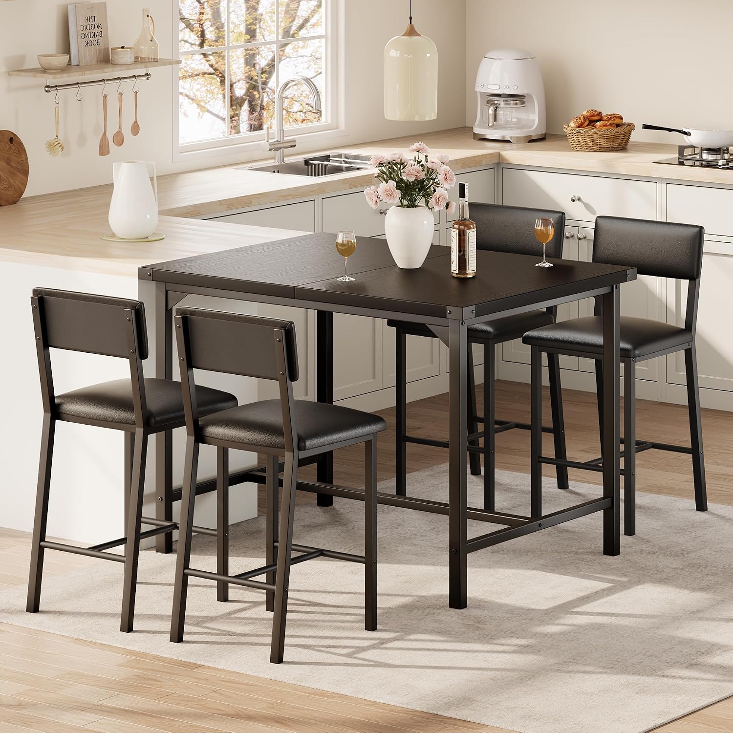 GarveeHome Dining Table Set for 4 w/Corner Protecto, Dining Room Table Set with Footrest & Backrest, Counter Height Table with 4 Upholstered Bar Stools, for Apartment, Pub, Rustic Black