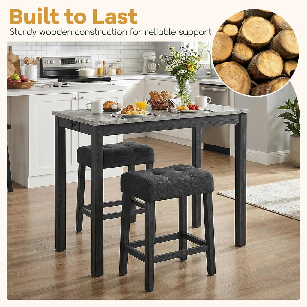 COSTWAY 3-Piece Bar Table Set with Charging Station, Modern Counter Height Breakfast Table w/Faux Marble Top & 2 Padded Stools, Wooden Console Table Set for Living Room, Kitchen, Dining Room (Gray)