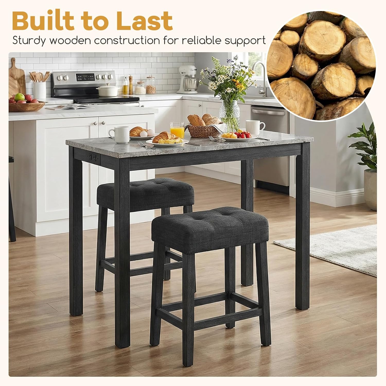 COSTWAY 3-Piece Bar Table Set with Charging Station, Modern Counter Height Breakfast Table w/Faux Marble Top & 2 Padded Stools, Wooden Console Table Set for Living Room, Kitchen, Dining Room (Gray)