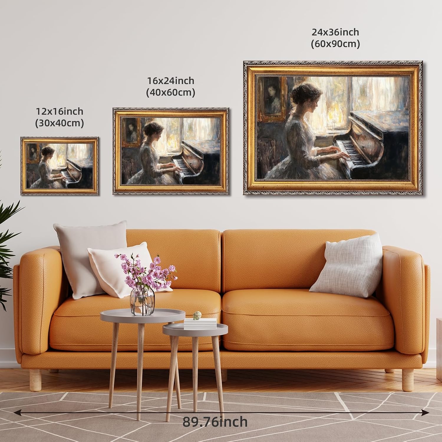 Large Framed Victorian Woman Piano Oil Painting Wall Art Elegant Lady by Window Canvas Print Classical Music Poster Room Decor Vintage European Picture Artwork for Living Room Bedroom 24x36inch