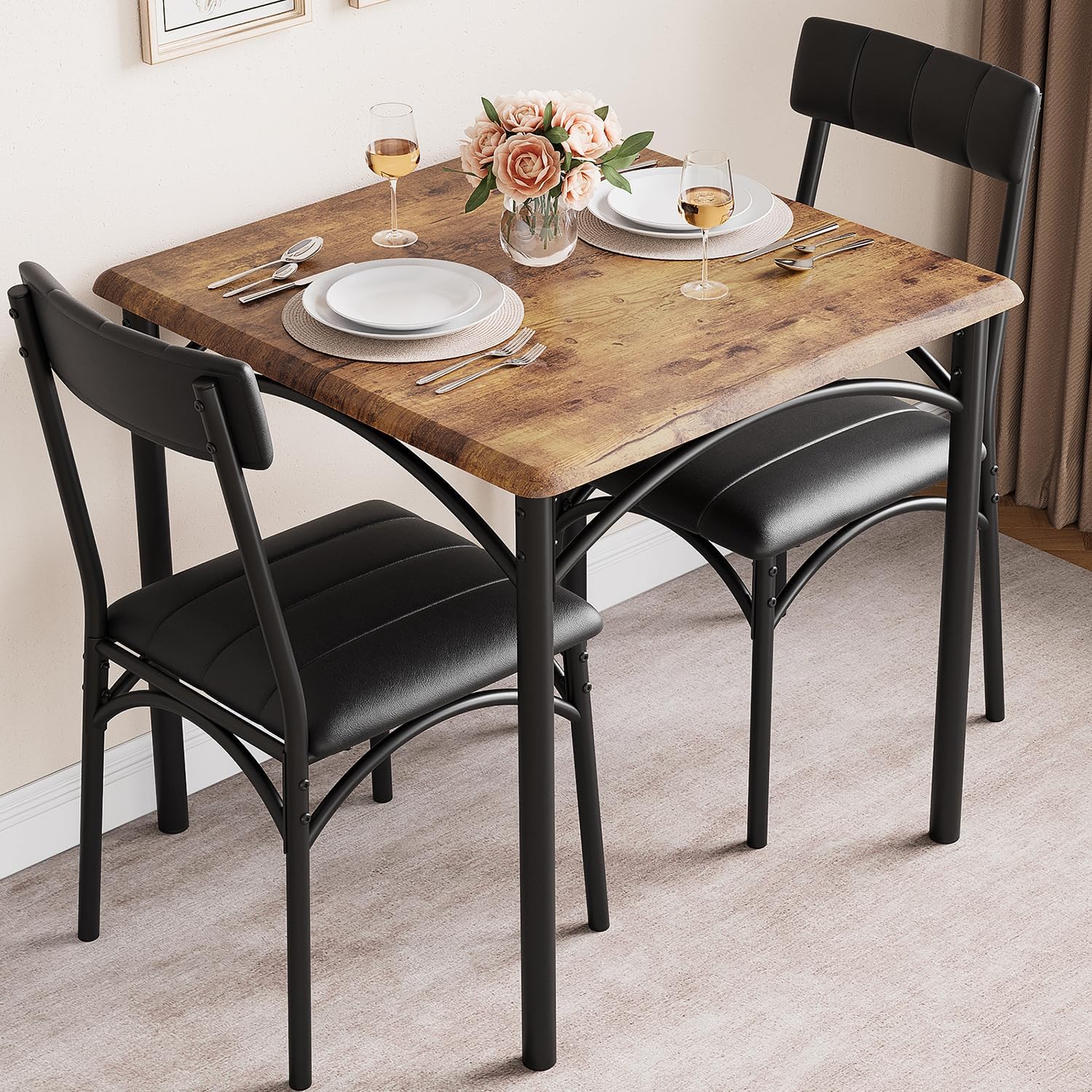 IDEALHOUSE Dining Table Set for 2, Kitchen Table and Chairs for 2 with Upholstered Chairs, 3 Piece Square Kitchen Table Set, Dining Room Table Set for Small Space, Apartment, Retro Brown