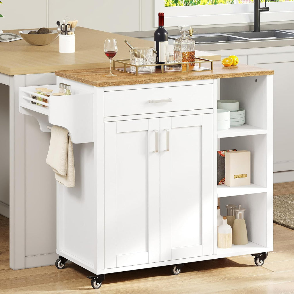 DWVO Rolling Kitchen Island Table on Wheels, Mobile Kitchen Cart with Storage, Butcher Block Island with Open Shelf, Drawer, Spice/Towel Rack, 37inch, White