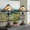 Franklin Iron Works Feuille 23 3/4' High Leaf and Vine Small Farmhouse Rustic Country Cottage Core Accent Table Lamps Set of 2 Pull Chain Brown Living Room Bedroom Bedside Nightstand Mica Shade