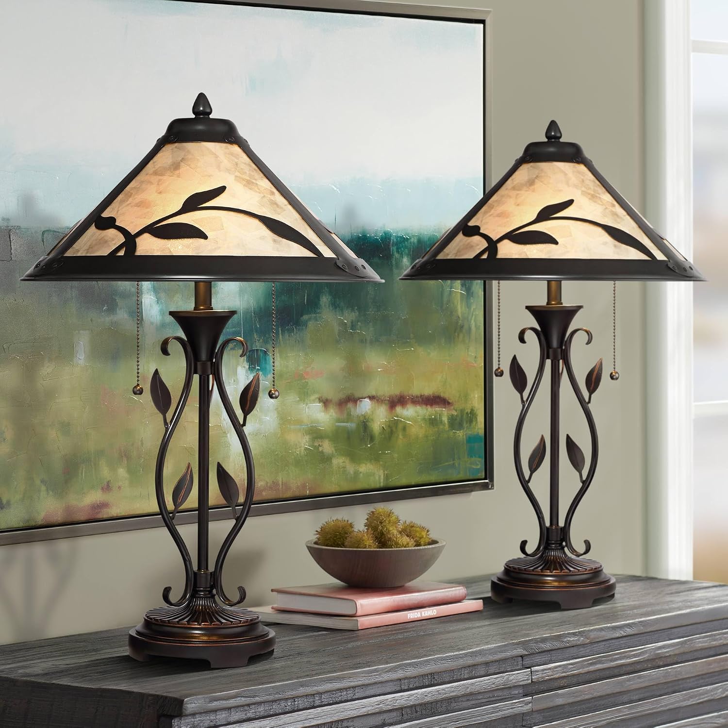 Franklin Iron Works Feuille 23 3/4' High Leaf and Vine Small Farmhouse Rustic Country Cottage Core Accent Table Lamps Set of 2 Pull Chain Brown Living Room Bedroom Bedside Nightstand Mica Shade