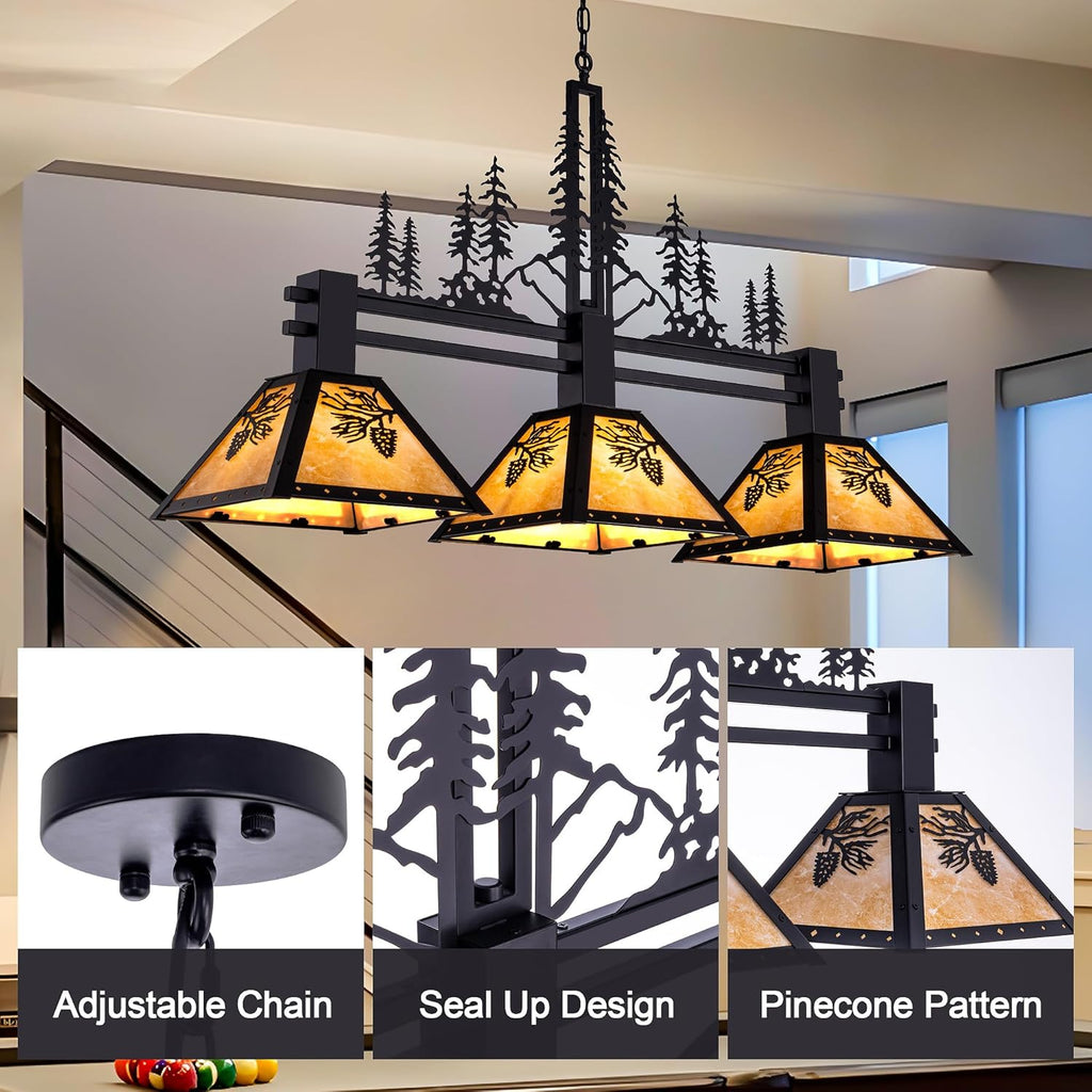 TOCHIC 3-Light Pool Table Light for 7' 8' 9' Table, 48' Rustic Tiffany Billiard Pool Table Lights, Farmhouse Chandelier for Dining Room Hanging Ceiling Light Fixture for Game Room Basement Bar