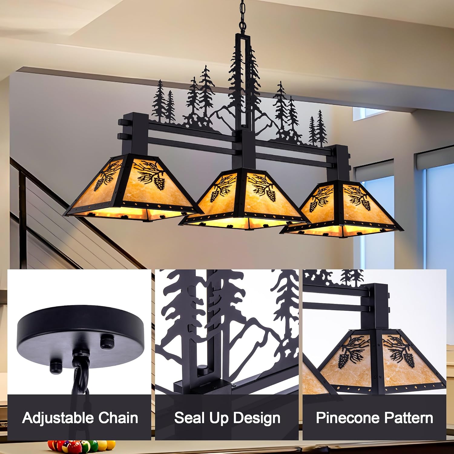 TOCHIC 3-Light Pool Table Light for 7' 8' 9' Table, 48' Rustic Tiffany Billiard Pool Table Lights, Farmhouse Chandelier for Dining Room Hanging Ceiling Light Fixture for Game Room Basement Bar