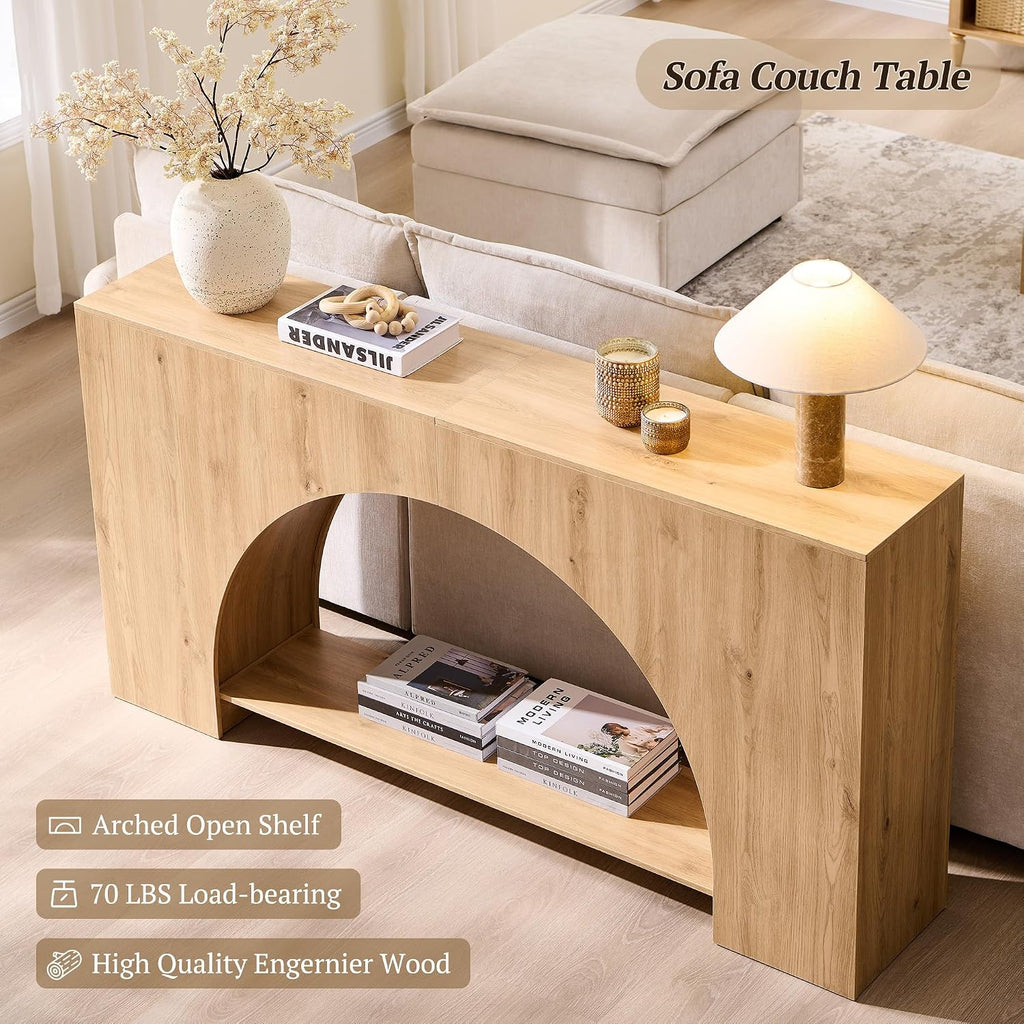 IFGET 63' Arched Console Table, 2-Tier Modern Entryway Table with Arched Base, Narrow Long Wood Sofa Table Behind Couch Table for Living Room, Hallway, Foyer, Natural